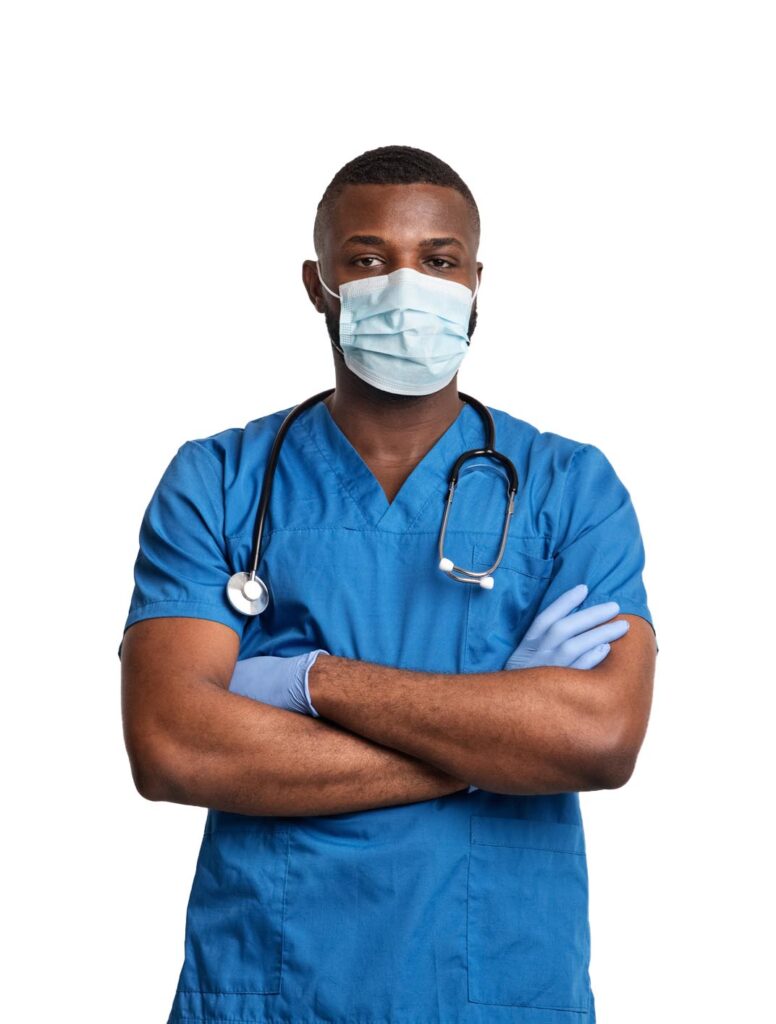 Masked medical professional using biopharm disinfection products