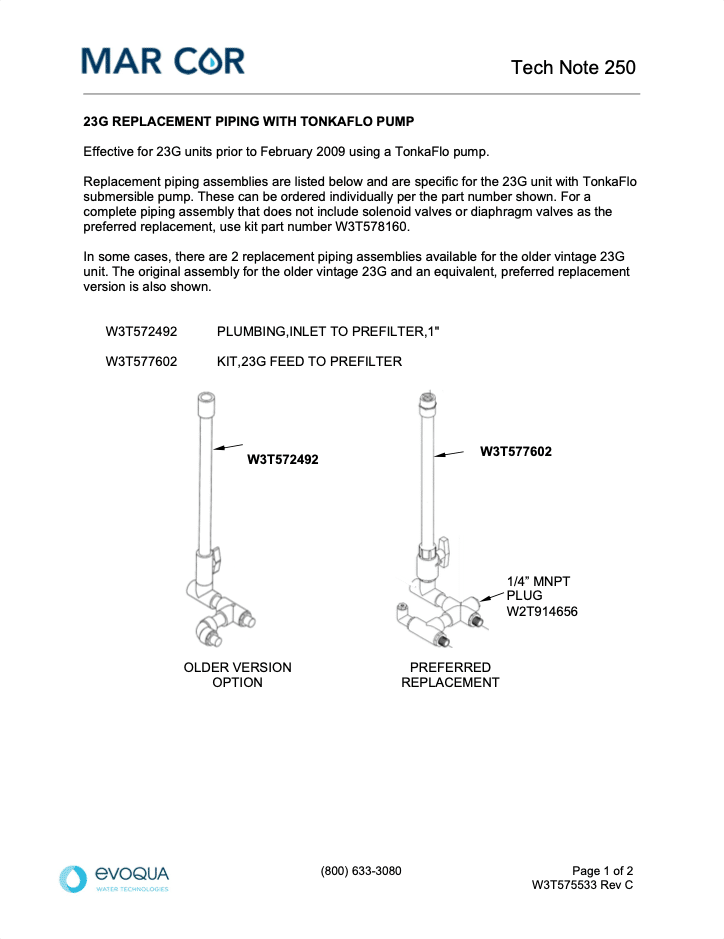 TN250 23G Replacement Piping with QS Pump W3T575533c