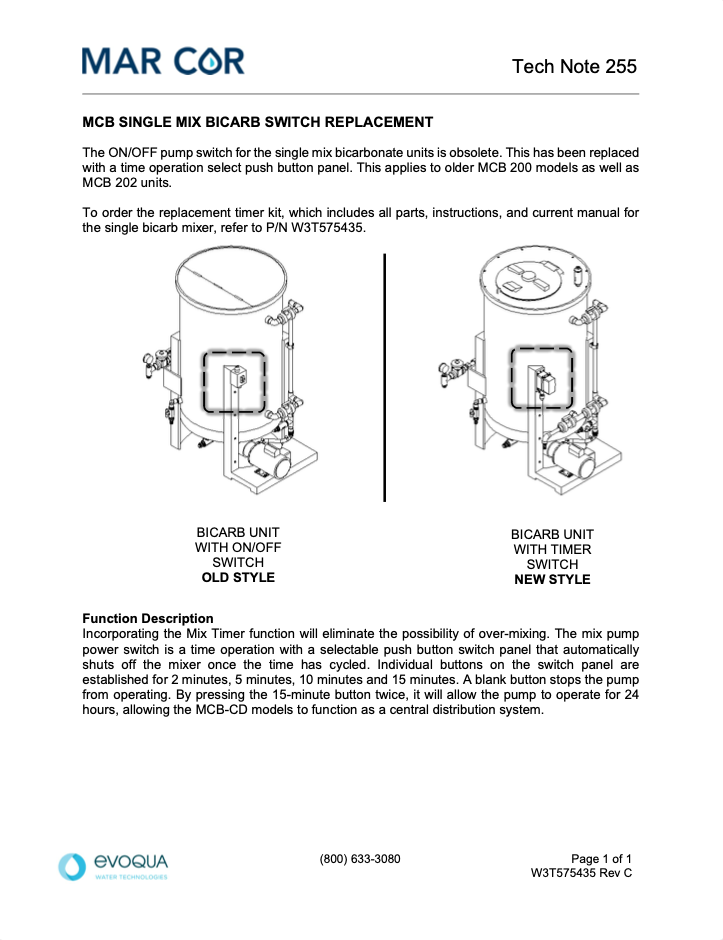 TN255 MCB Bicarb Single Tank Timer Update W3T575435c